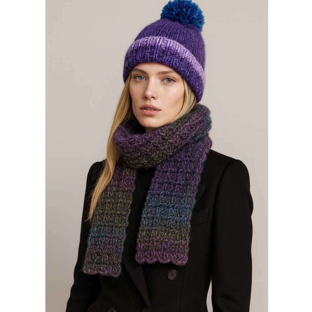 Handmade Adult Purple and Blue Hat and Scarf Set